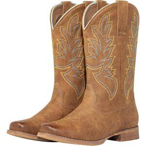 Women's Tan Square Toe Mid Calf Shoes Pull On Fashion Embroidered Western Boots